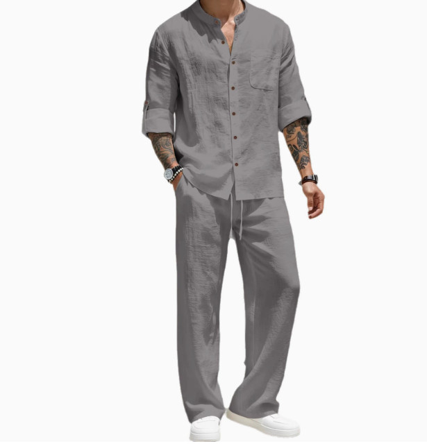 Mens 2-Piece Linen Blend Outfit Set Long Sleeve Henley Shirt and Pants Casual