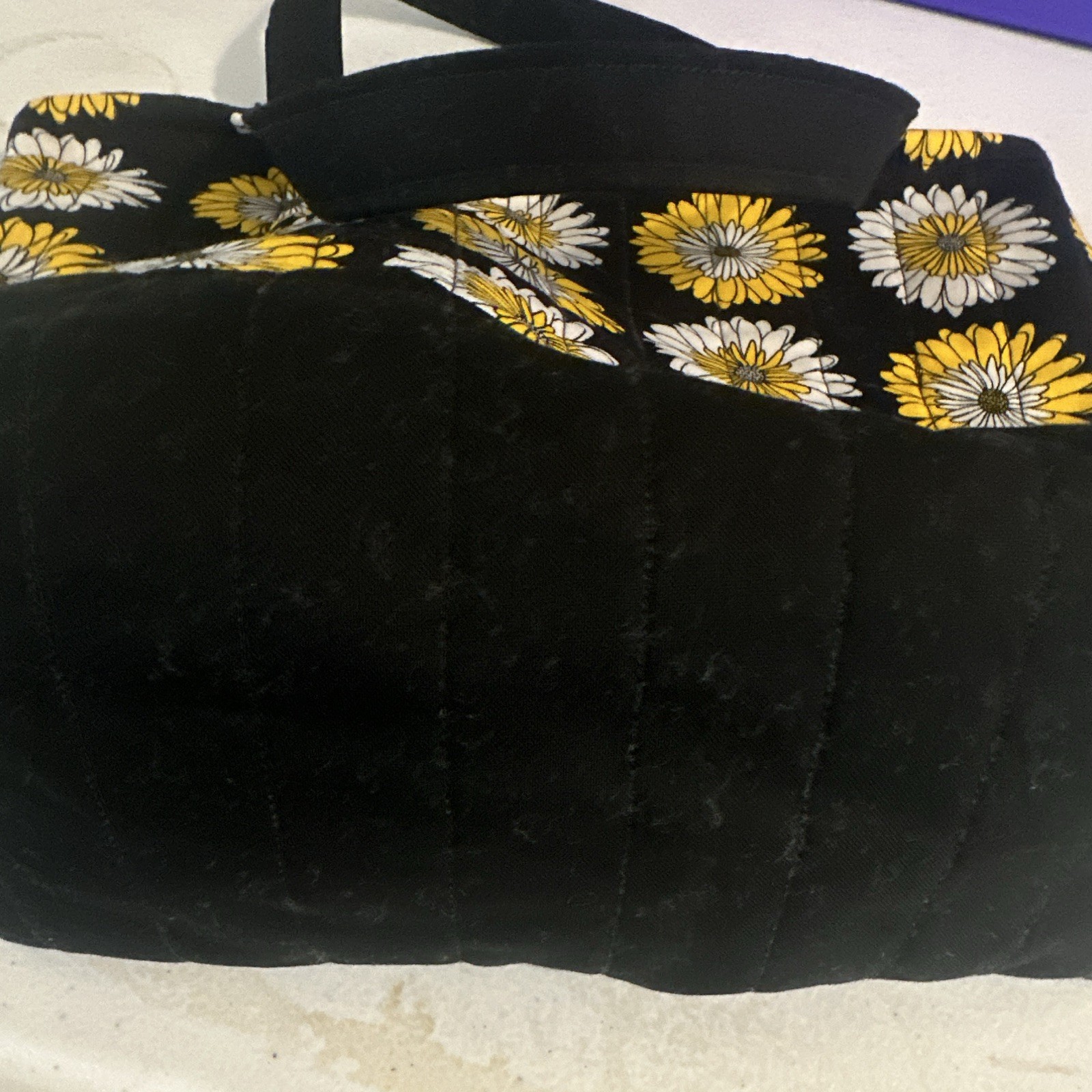 Handmade quilted Black Yellow White Daisy Floral Tote Bag for Women, button,