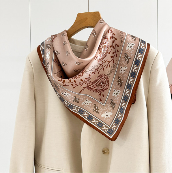 100% Silk Mulberry Shawl 26” Bandana Beige lace Print Neckerchief Scarf Wrap