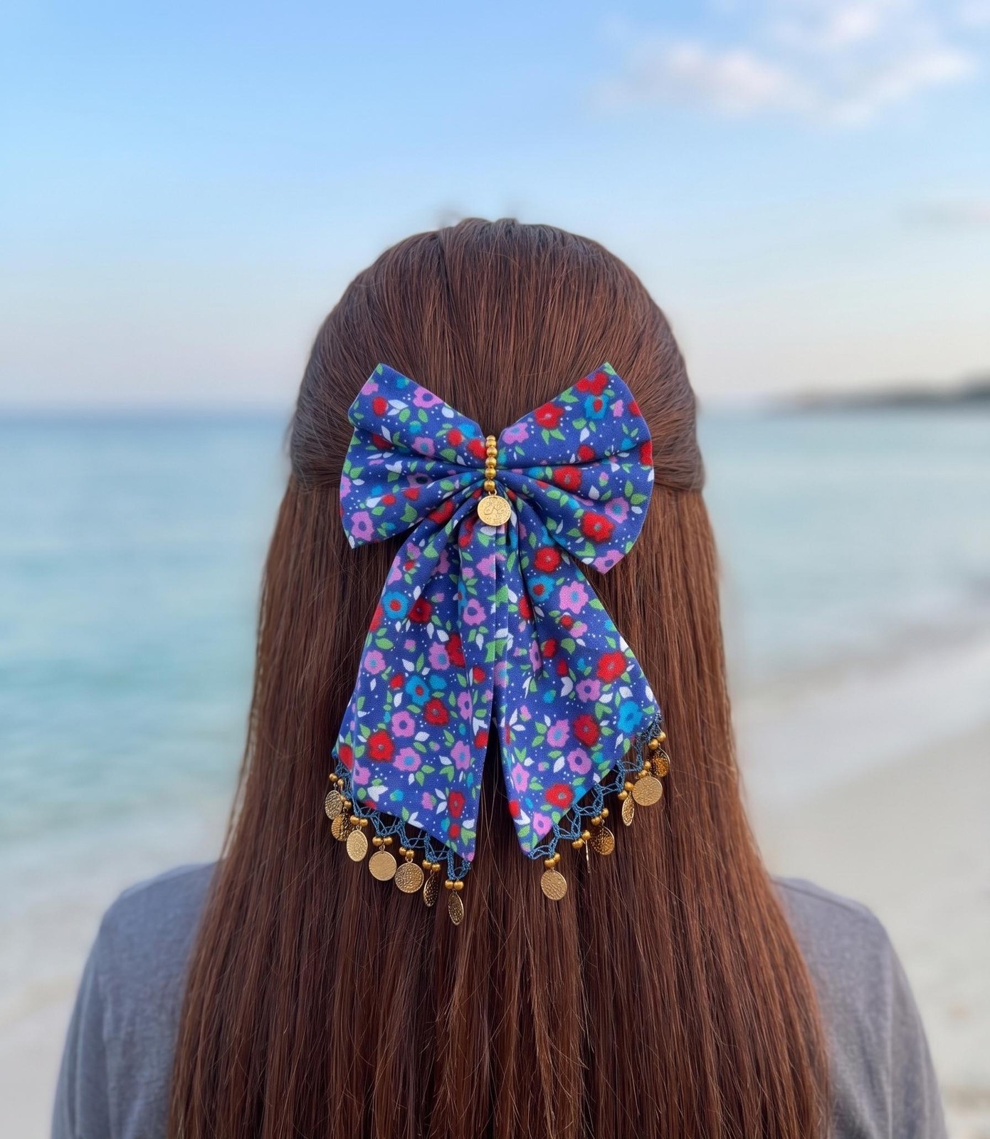 Gold-Toned Handmade Floral Hair Bow with Coin Trim Unique Boho Vintage Turkish