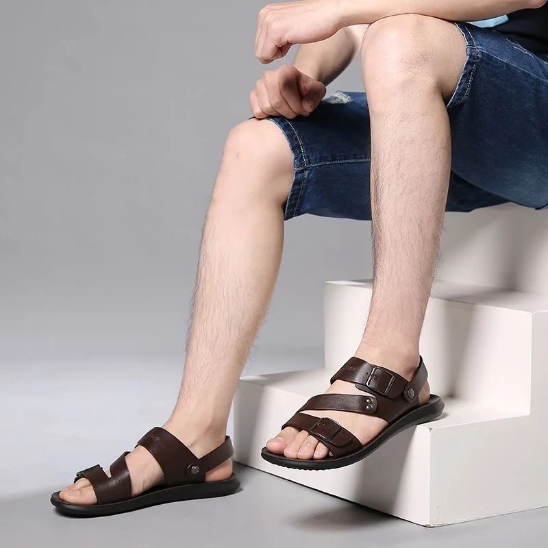 Men’s Casual Sandals Leather Roman Shoes Summer Non-slip Outdoor Slippers