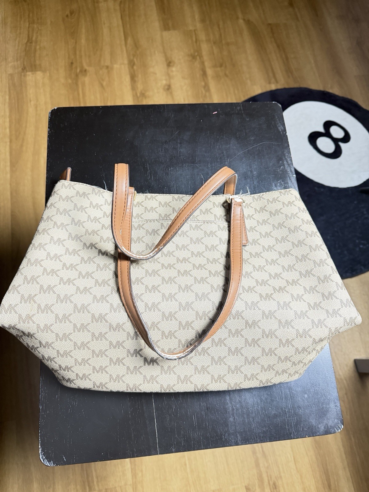 Michael Kors Monogram Tote Bag Beige/Brown Zip Closure Inner Pockets Gold
