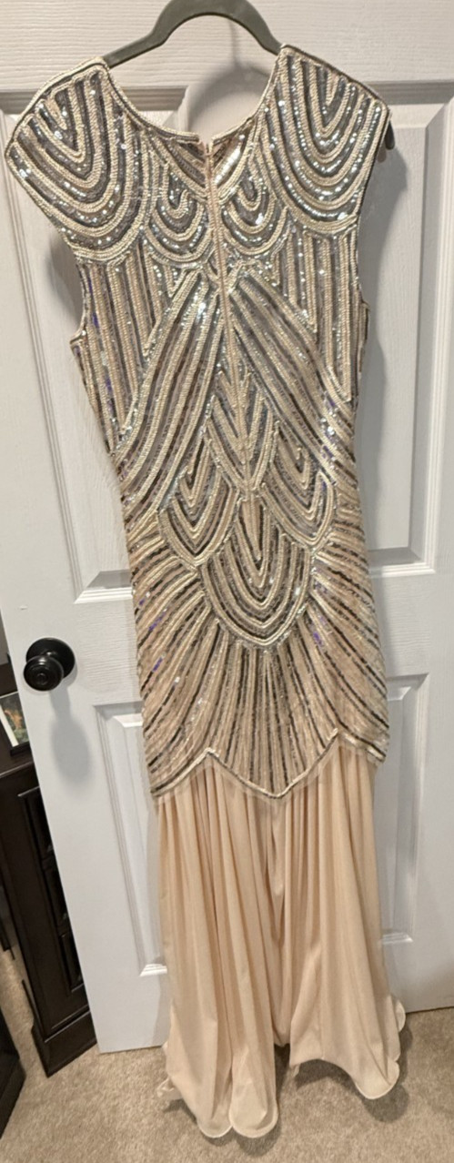 Retro 1920’s stage full length women’s silver and ivory sequin dress