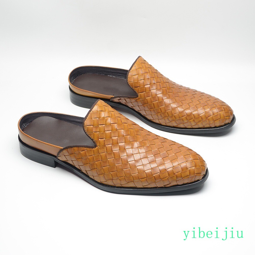2026 Mens Real Leather Weave Woven Slipper Dress Slide Shoes Slip On Sandals Man