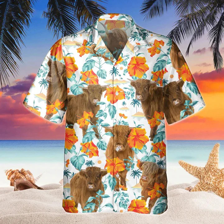 Highland Bright Hibiscus Flowers Trendy Hawaiian Shirt, Cow Hawaii Shirts Men