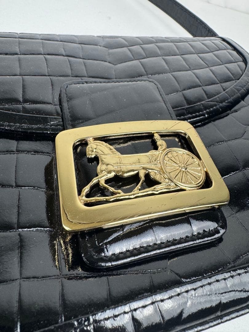 CELINE Carriage Hardware One Shoulder Enamel Leather Bag Black Vintage