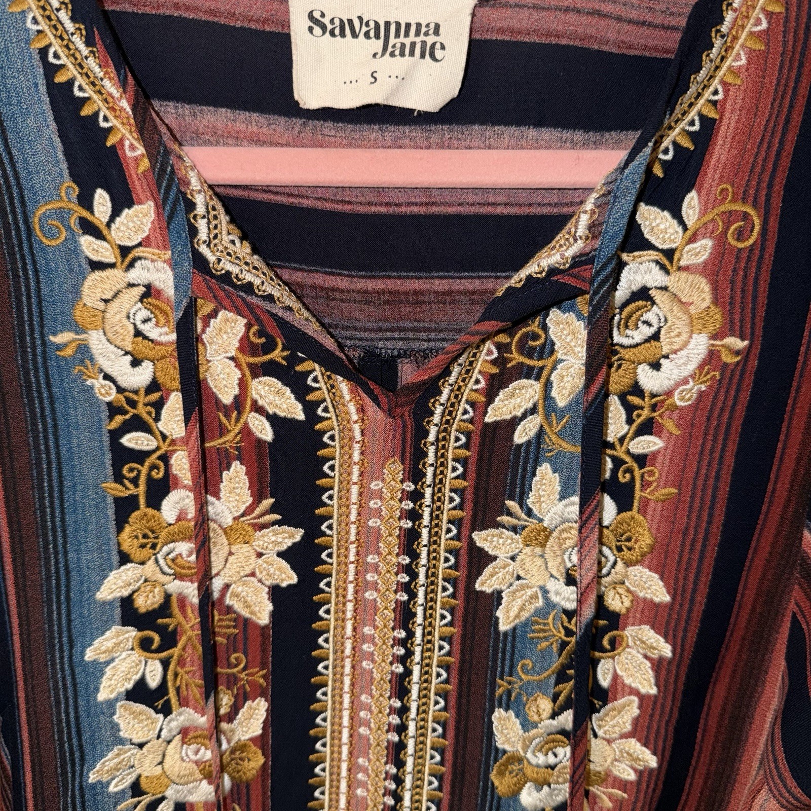 Savanna Jane Navy Multicolor Striped Floral Embroidered Top