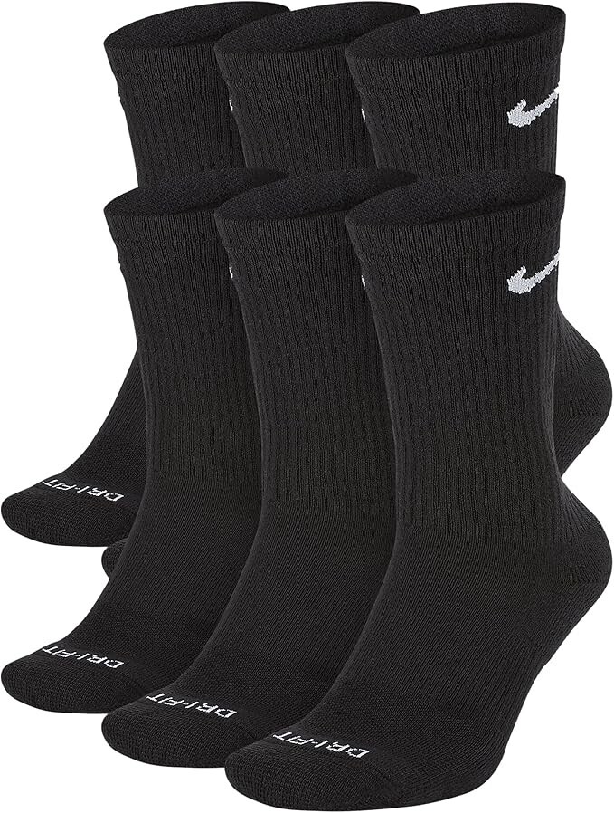 Nike Everyday Plus Cushion Drifit UNISEX Crew Socks, Size LARGE – Black – 6 Pair