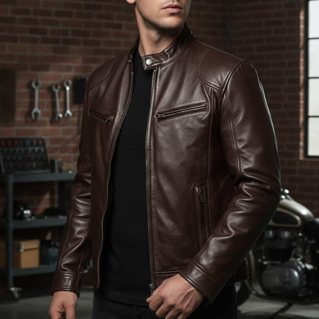 Men’s Brown Sheepskin Leather Jacket Cafe Racer Biker Real Soft Motorcycle Coat