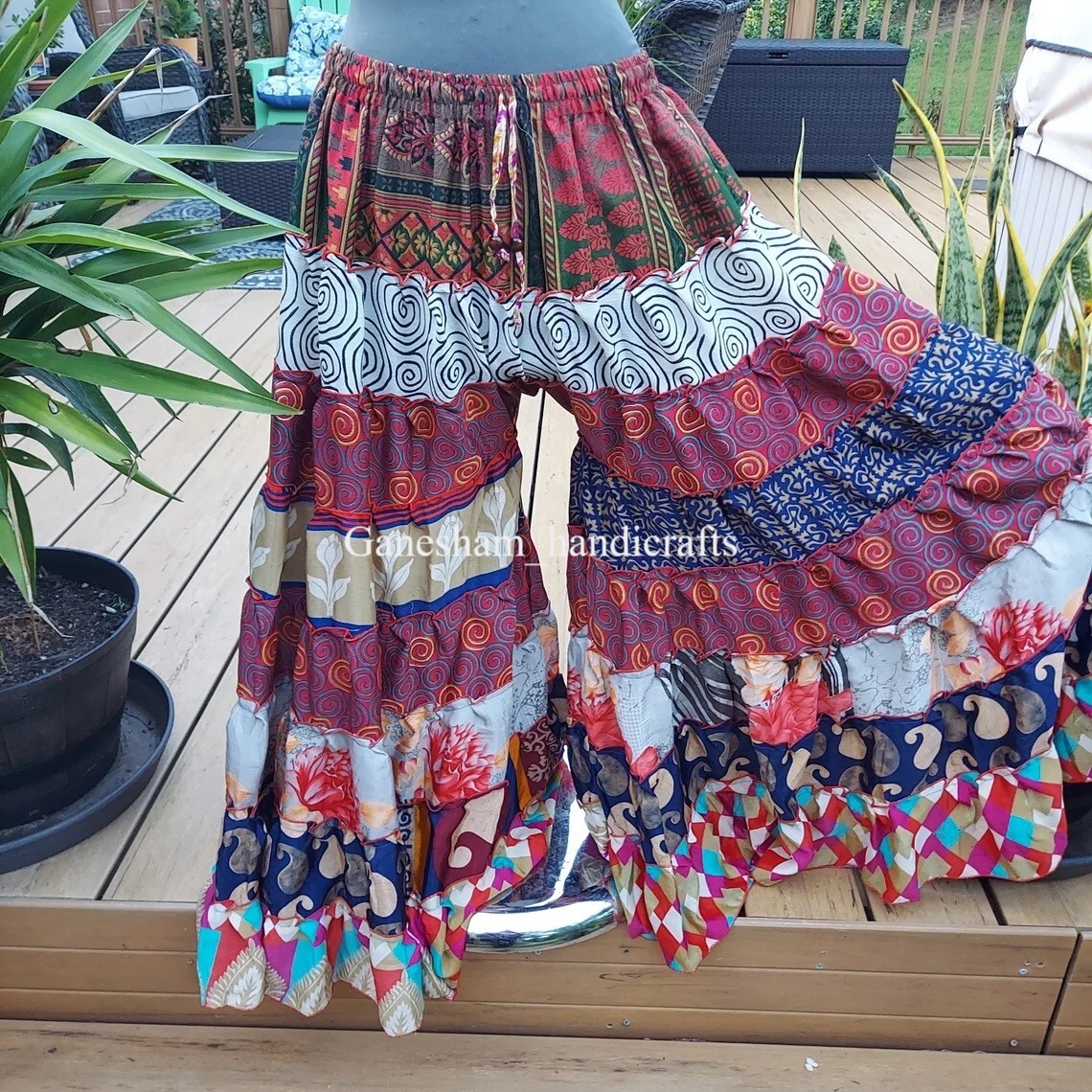 1 Pcs OF Indian Vintage Sari Printed Boho Gypsy Wide-Leg Palazzo Pants Trousers