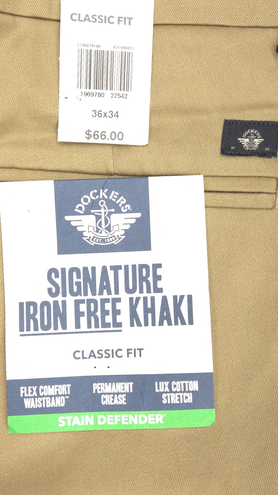 Dockers Pants Mens 36×34 Khaki Signature Iron Free Classic Fit Stretch New