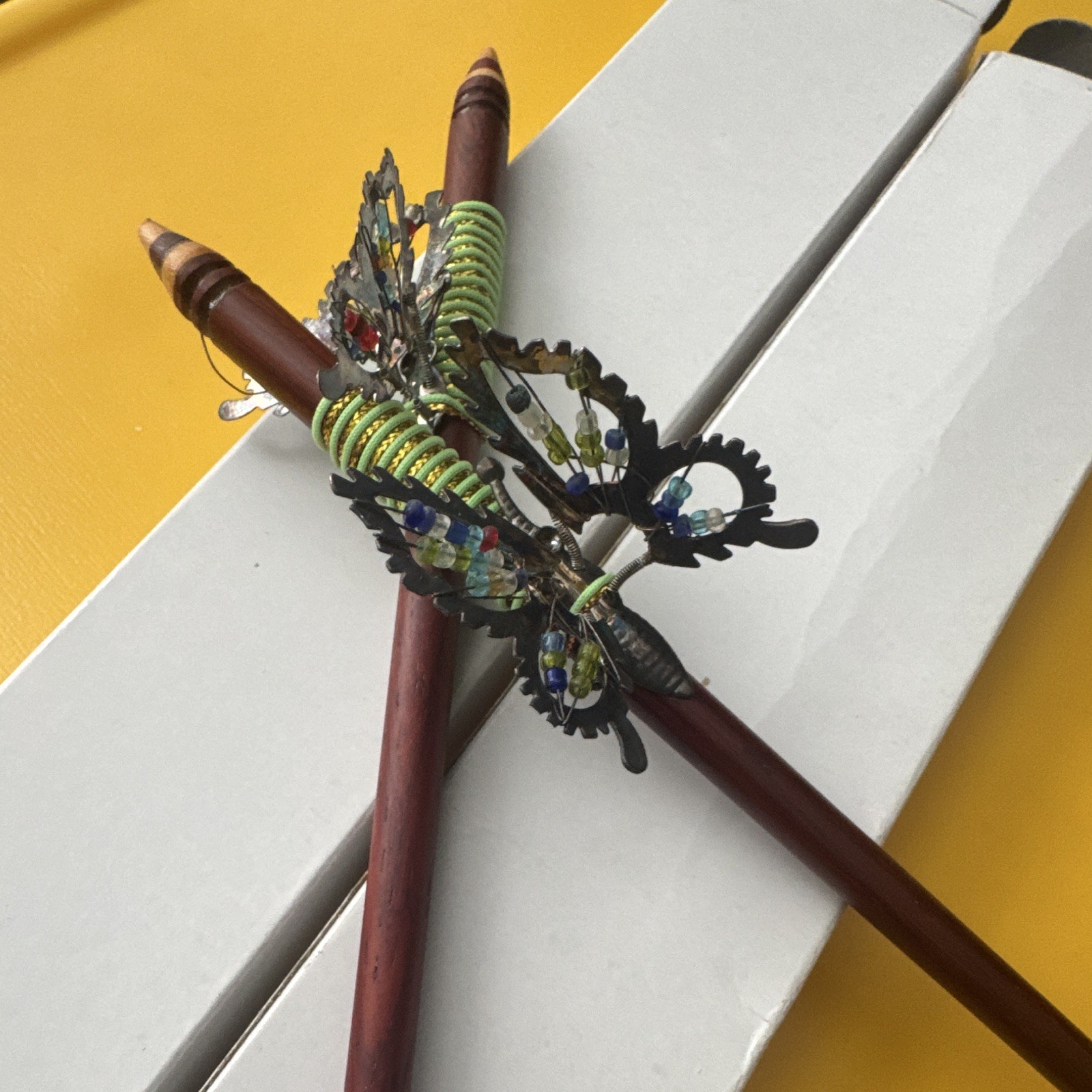 Wood & Metal Beaded Nature Decorative Hair Sticks Pair Brown Silver Green