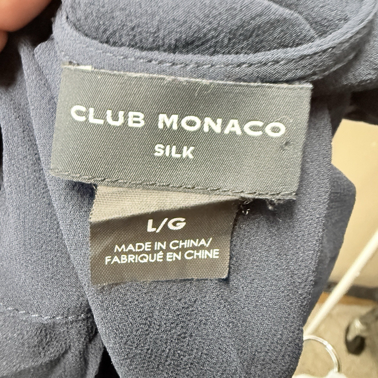 Club Monaco Silk Sheer Blouse Large Navy Pintuck Pleat Ruffle Sleeve Minimalist
