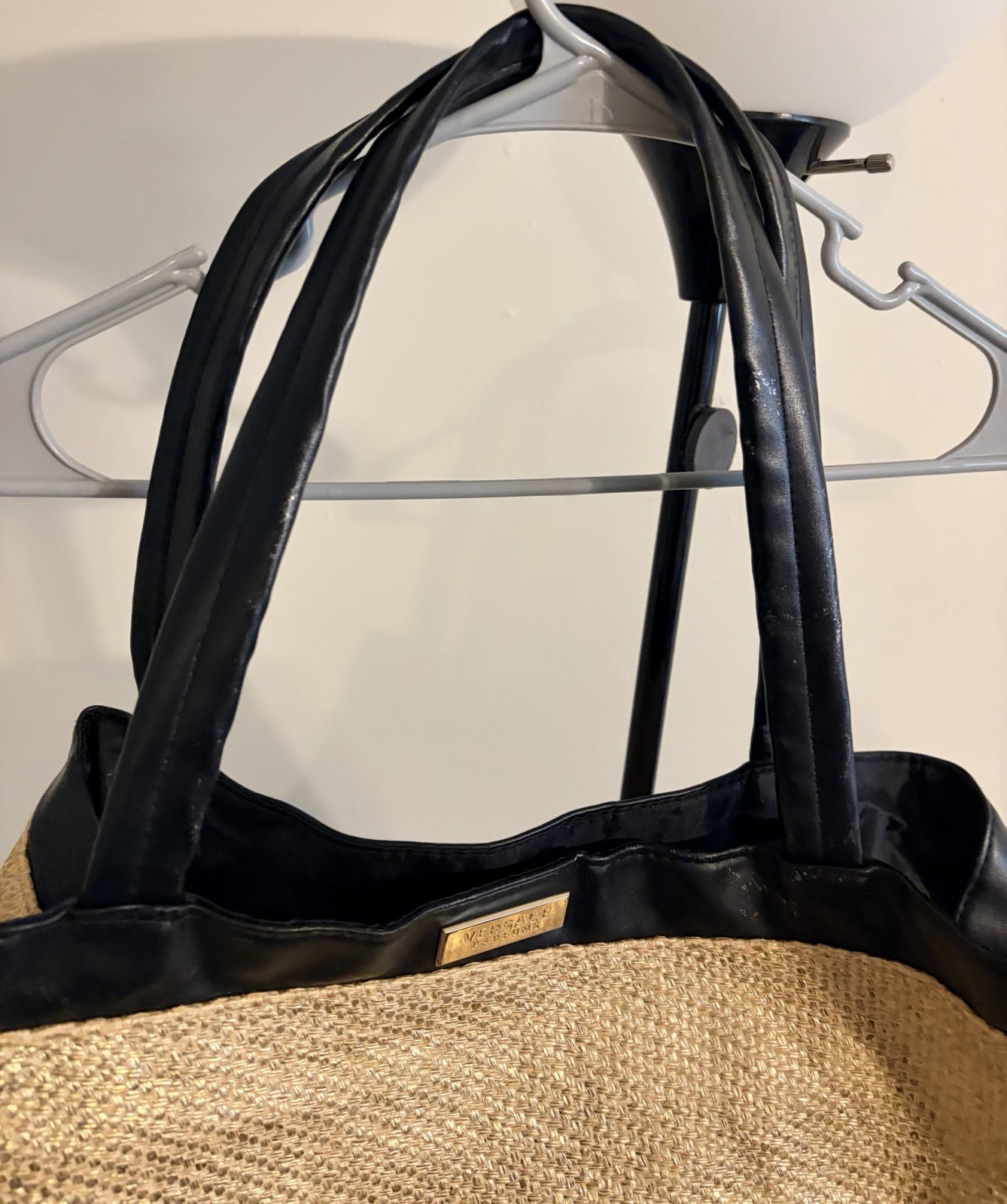 Versace Beige & Black Tote Bag Double Handles Magnetic Closure Pockets
