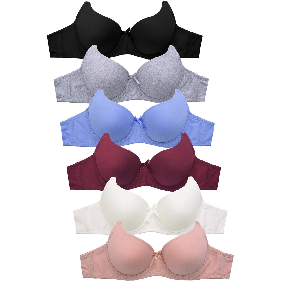 6 Pack Women Full Coverage Solid Comfort Cotton Underwire T-Shirt Bra A B C Cup