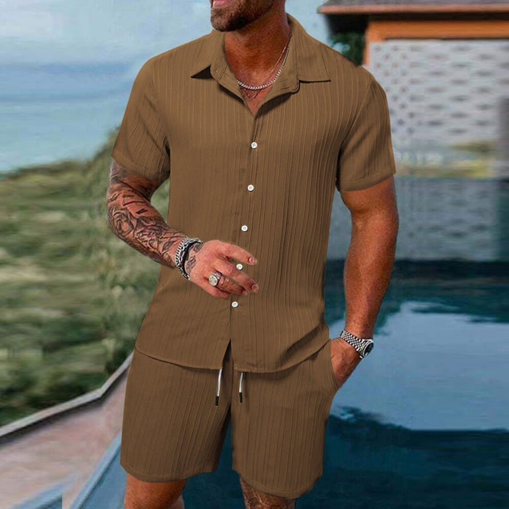 2026 Men 2 Set Short Sleeve Button Shirt Shorts Suit Tops+Shorts T Shirts Casual