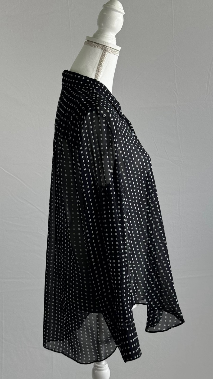 Theory 100% Silk Chiffon Blouse, Sheer Square Print, Size L