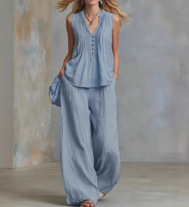 Womens 2 Piece Outfit V Neck Sleeveless Top Wide Leg Pants Casual Lounge Set