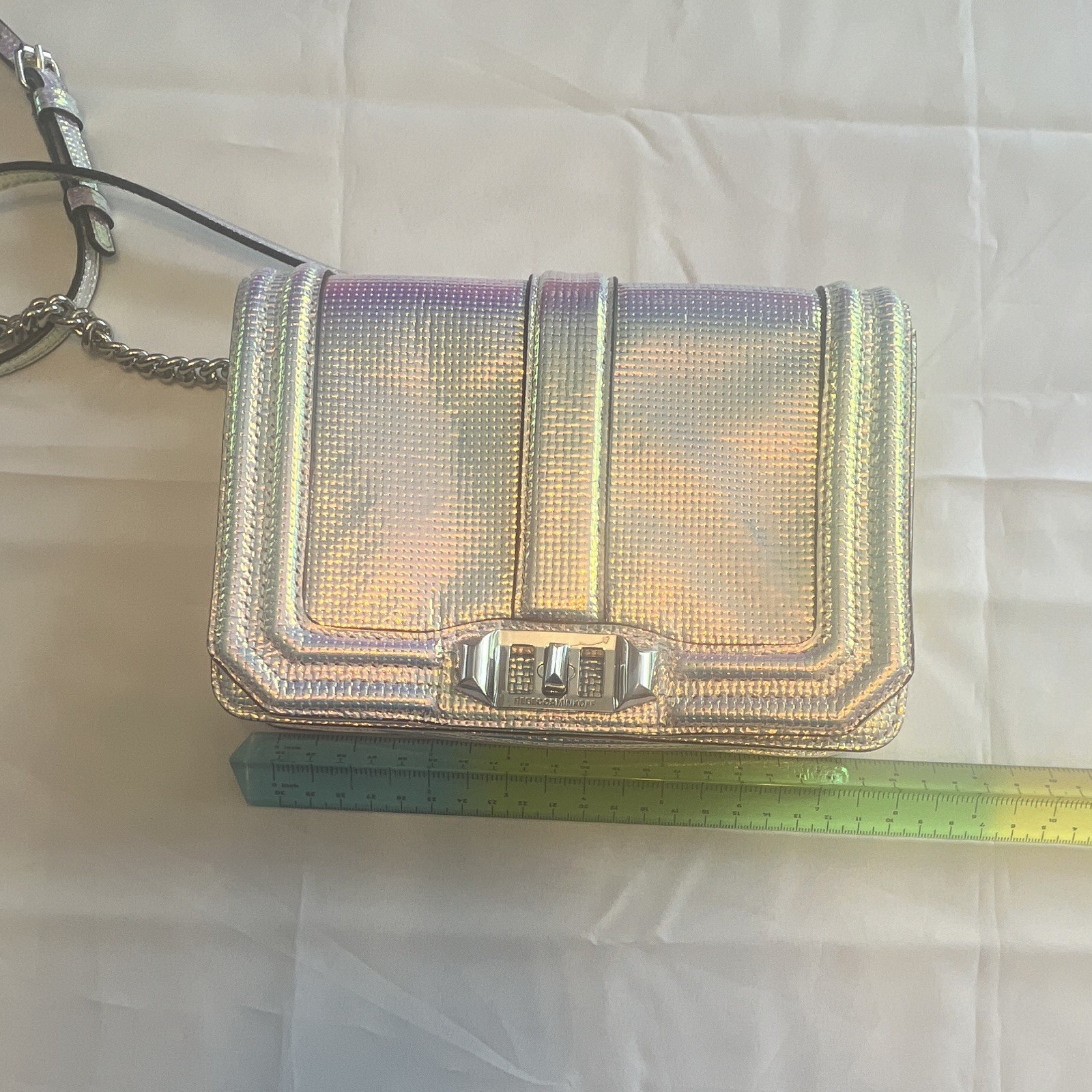 Rebecca Minkoff Iridescent Silver Crossbody Bag Turn Lock Chain Strap Detach