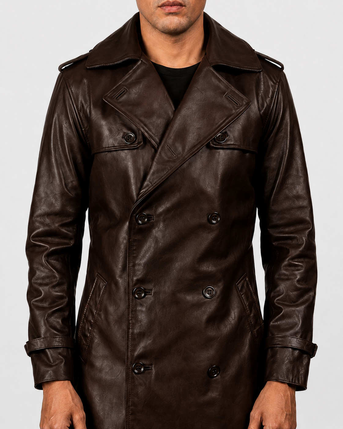 Mens Brown Leather Trench Coat – Long Jacket Double Breasted Winter Classic Coat
