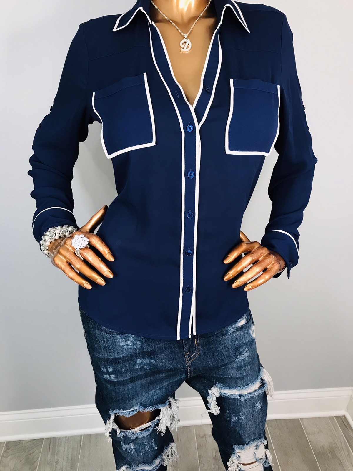 Express Portofino S Top Navy White Logo Button Up Shirt Long Sleeves Low Cut
