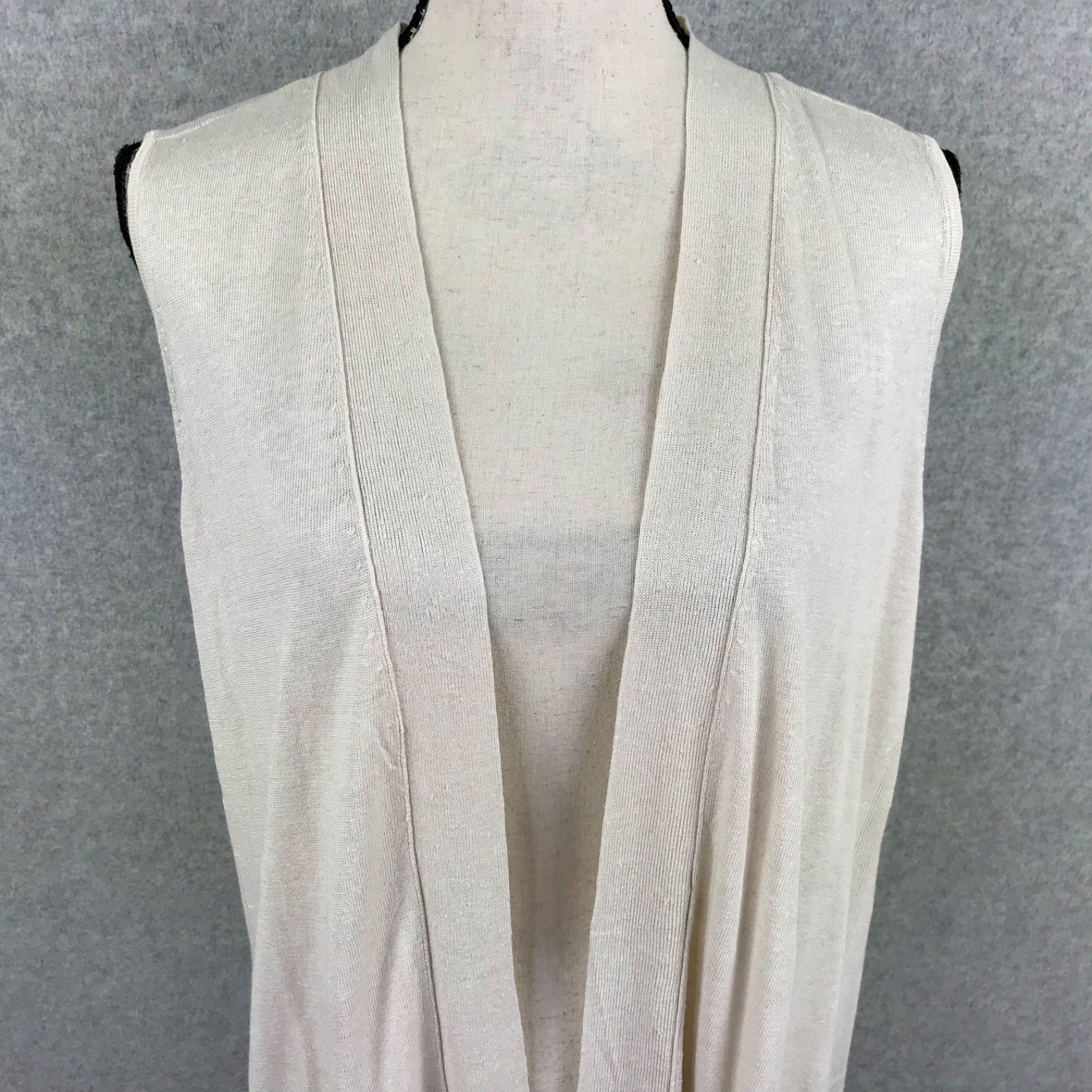 J Jill Beige Cardigan Long Vest Linen Blend Size M Sleeveless Minimalist Capsule