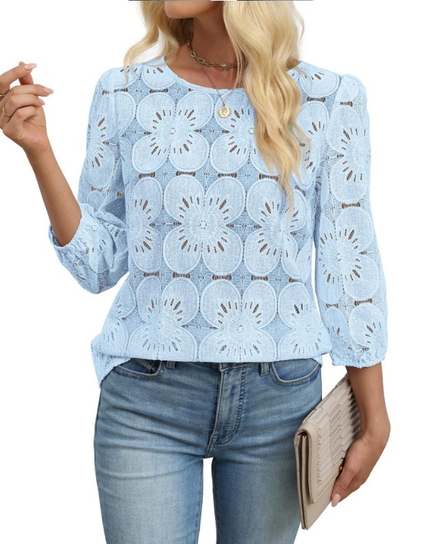 Summer Women’s Crew Neck Lace Blouse 3/4 Sleeve Hollow Out Casual Shirt