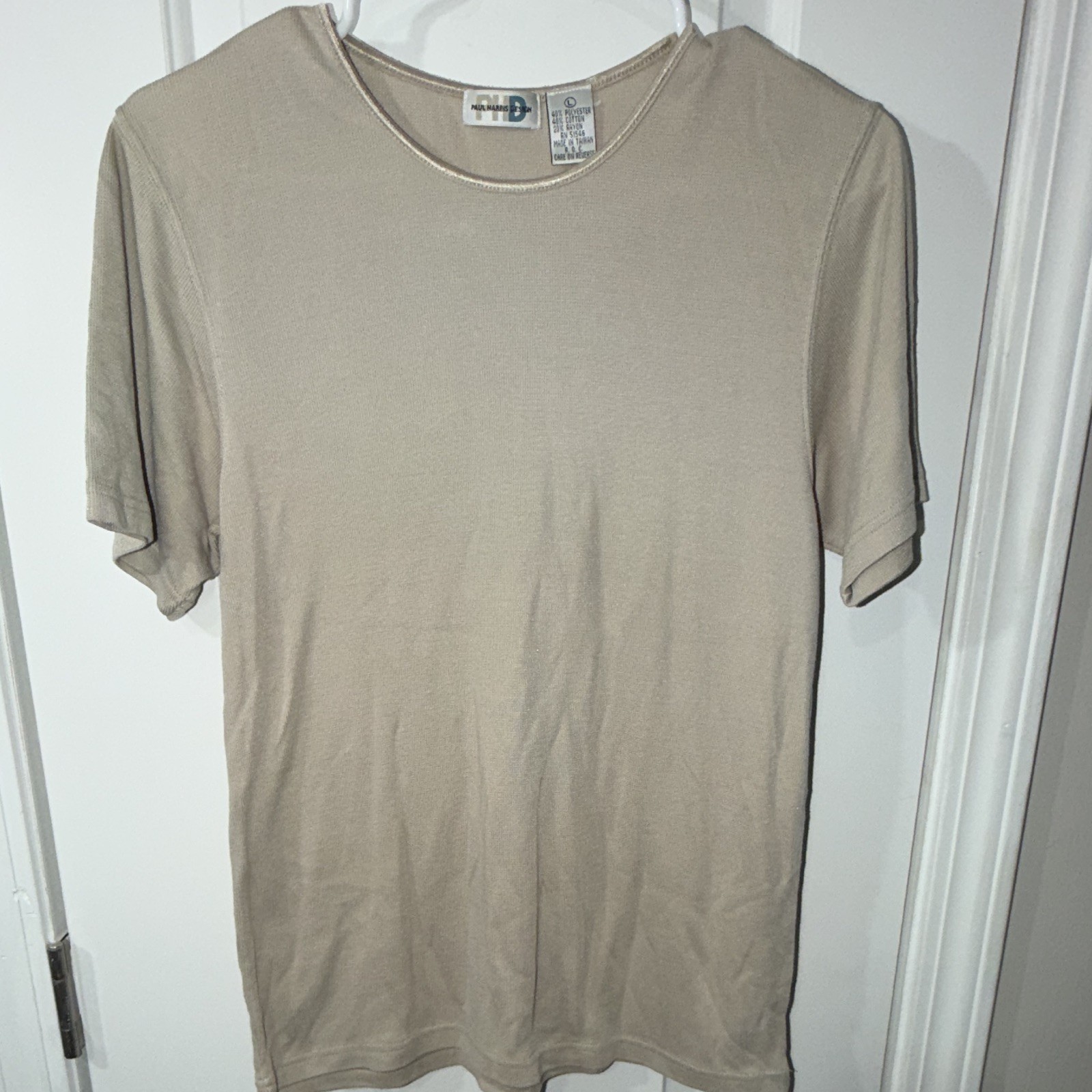 Paul Harris Design Women’s L Beige Solid Crew Neck Short Sleeve Knit T-Shirt