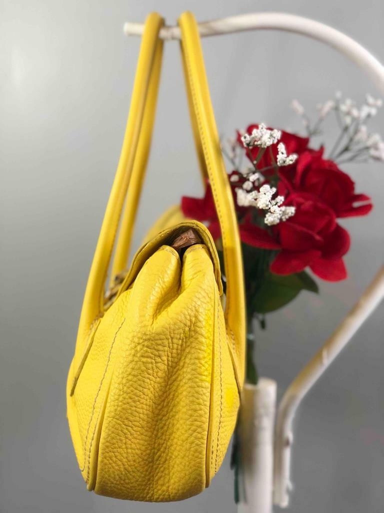 CELINE Italy Yellow Pebbled Leather Front Flap Magnetic Shoulder Bag