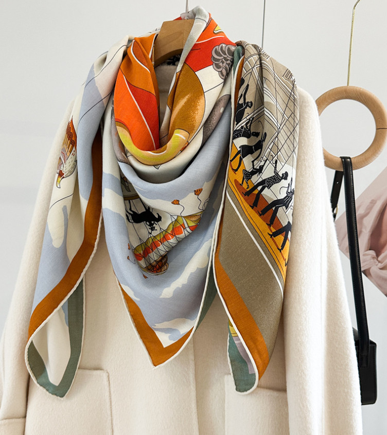 70% Cashmere 30% Silk Wrap Scarf Horse Print Double Face Print Shawl 135X135cm