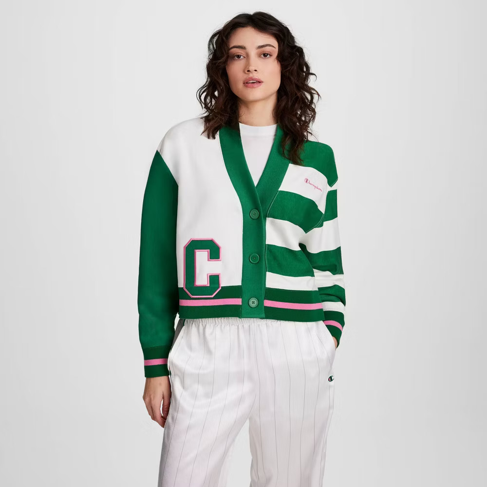Champion Women Collegiate Cardigan – White/Green Striped XS