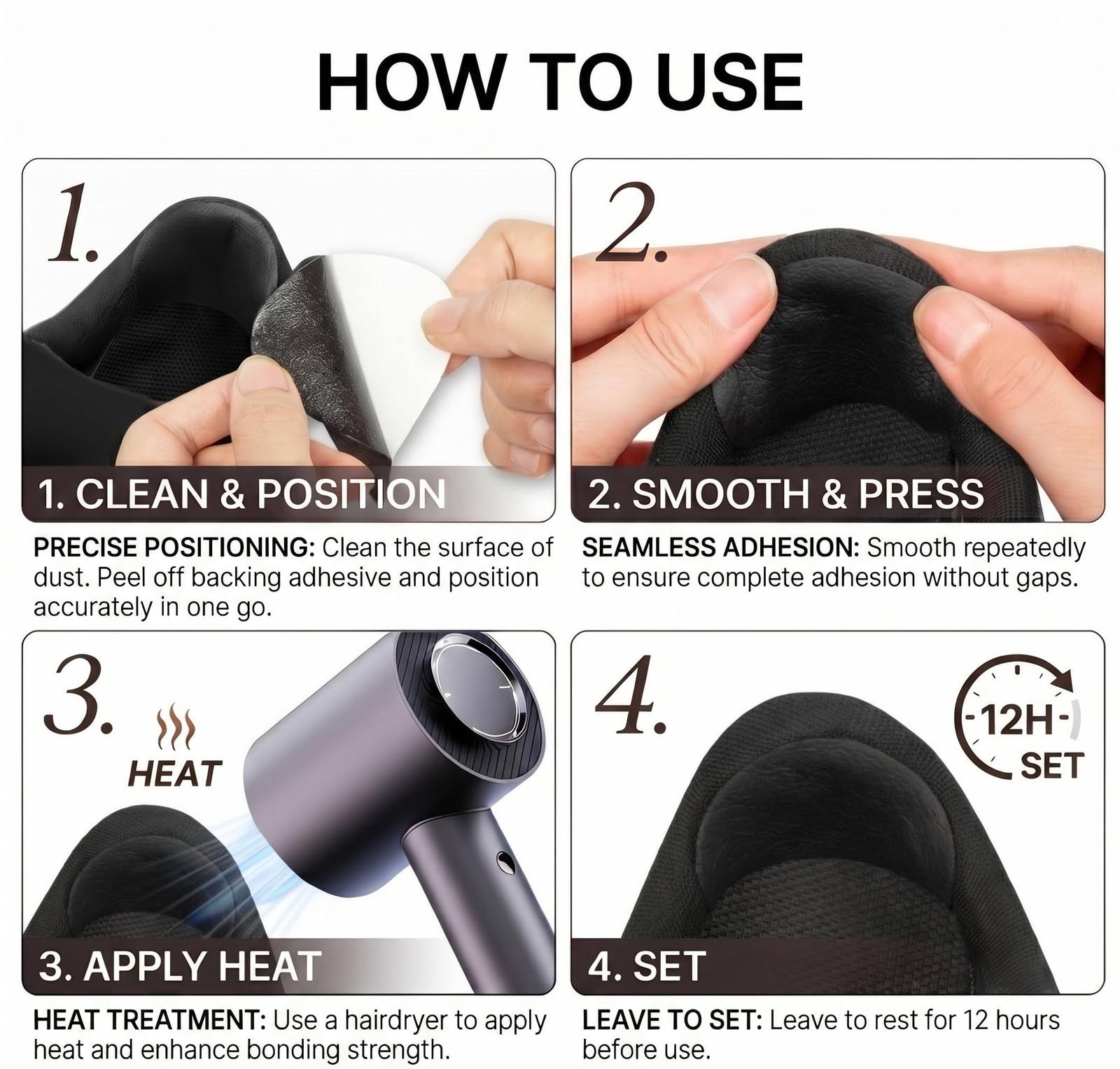 HTZNHXT Shoe Heel Repair, 4 Pairs Adhesive Inside 4 Pair (Pack of 1), Black