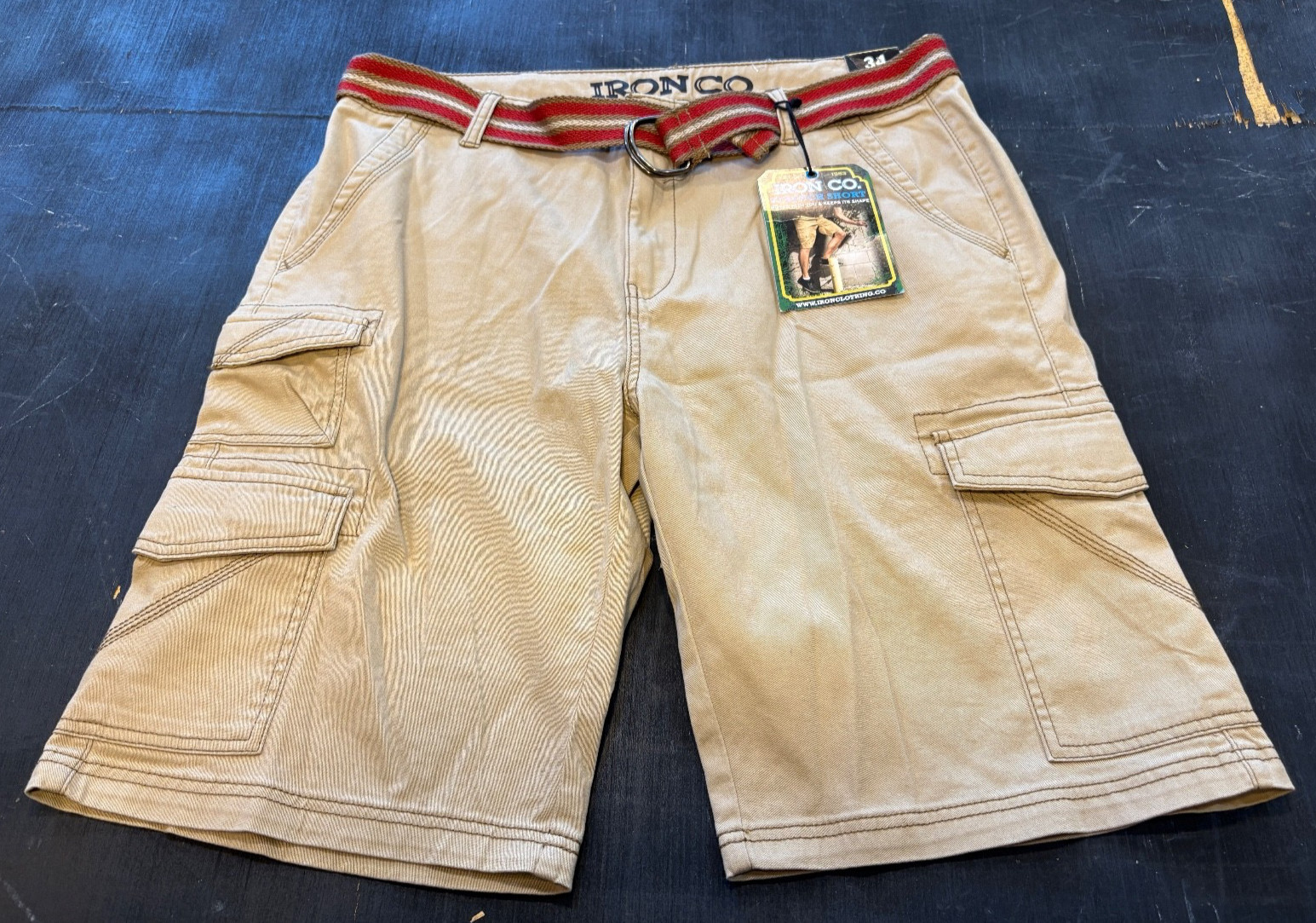 IRON CO. Belted Cargo Shorts Mens 34 W 11 Inseam Khaki Cotton/Spand MSRP $46 NWT