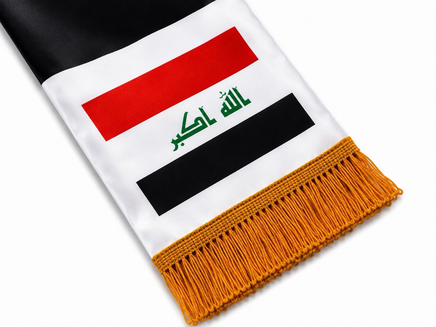 Iraq Flag Rectangle Scarf/Stole w/ Gold Fringe, Unisex, 56 x 5.5 in