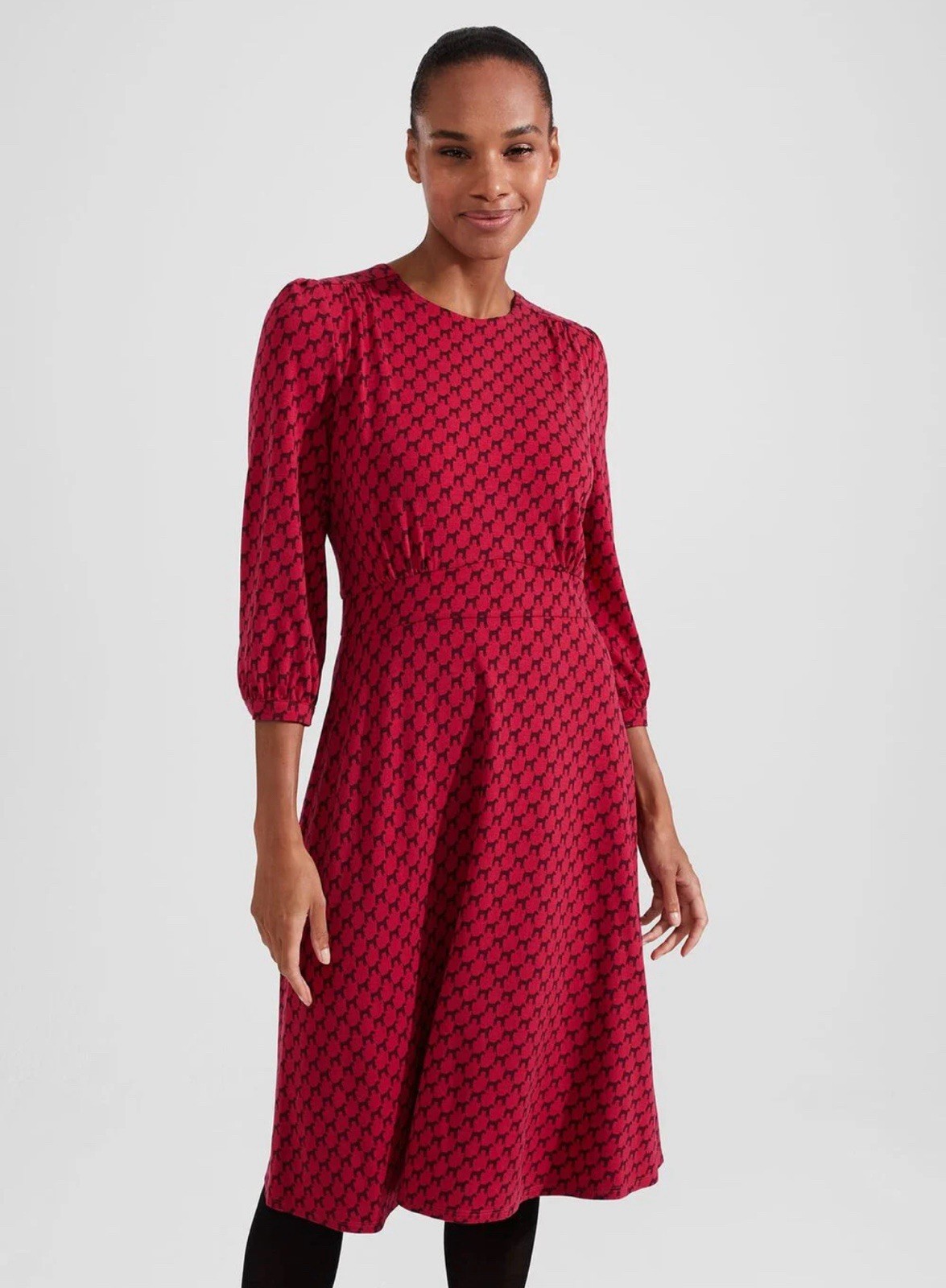 Hobbs Indi Jersey Dress in Berry Red/Black Dog Print UK14 RRP£89 NEW
