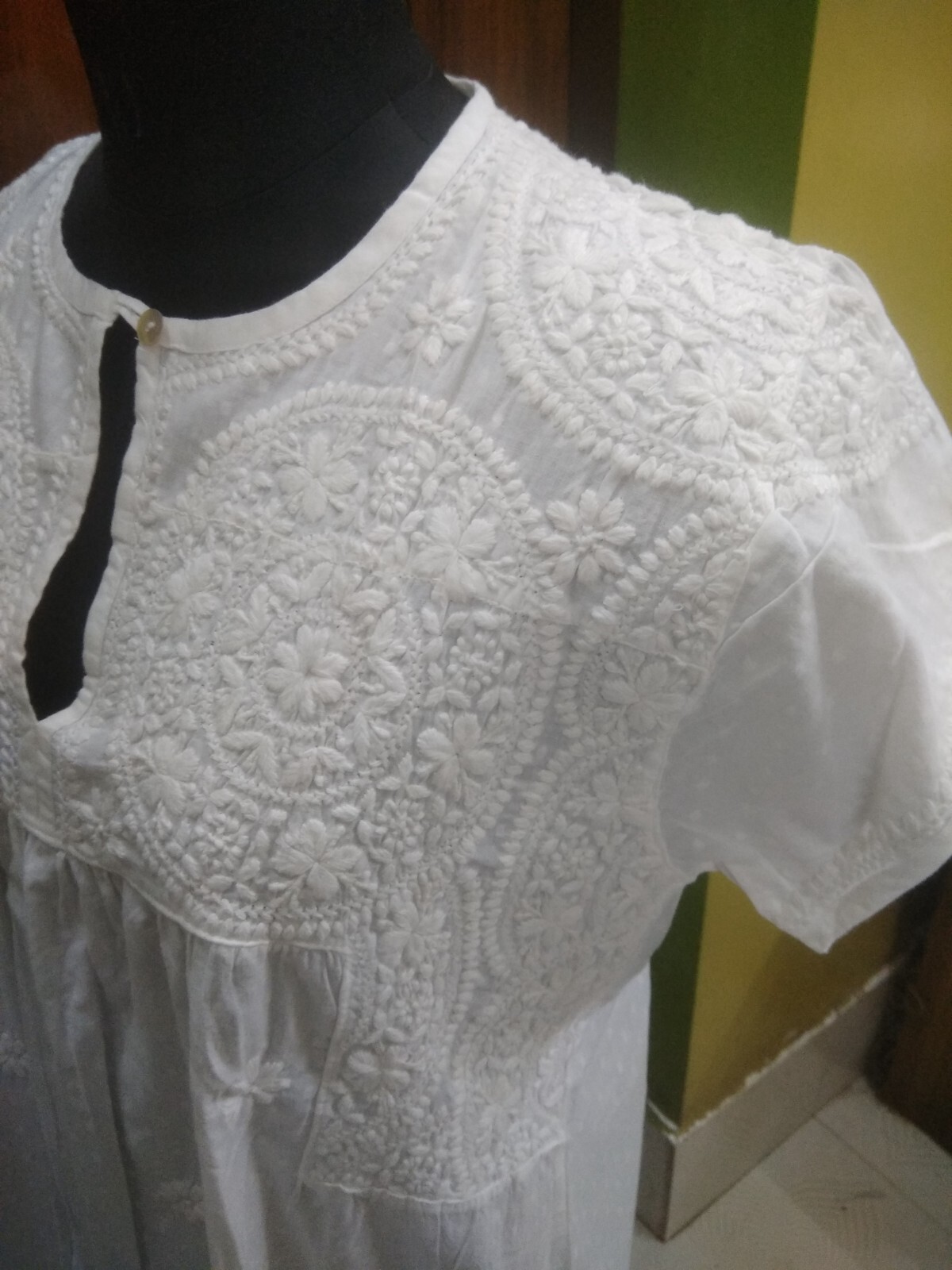 100% COTTON DOTED FABRIC XL 44 HANDMADE ETHNIC TOP KURTA KURTI CHIKAN EMBROIDERY