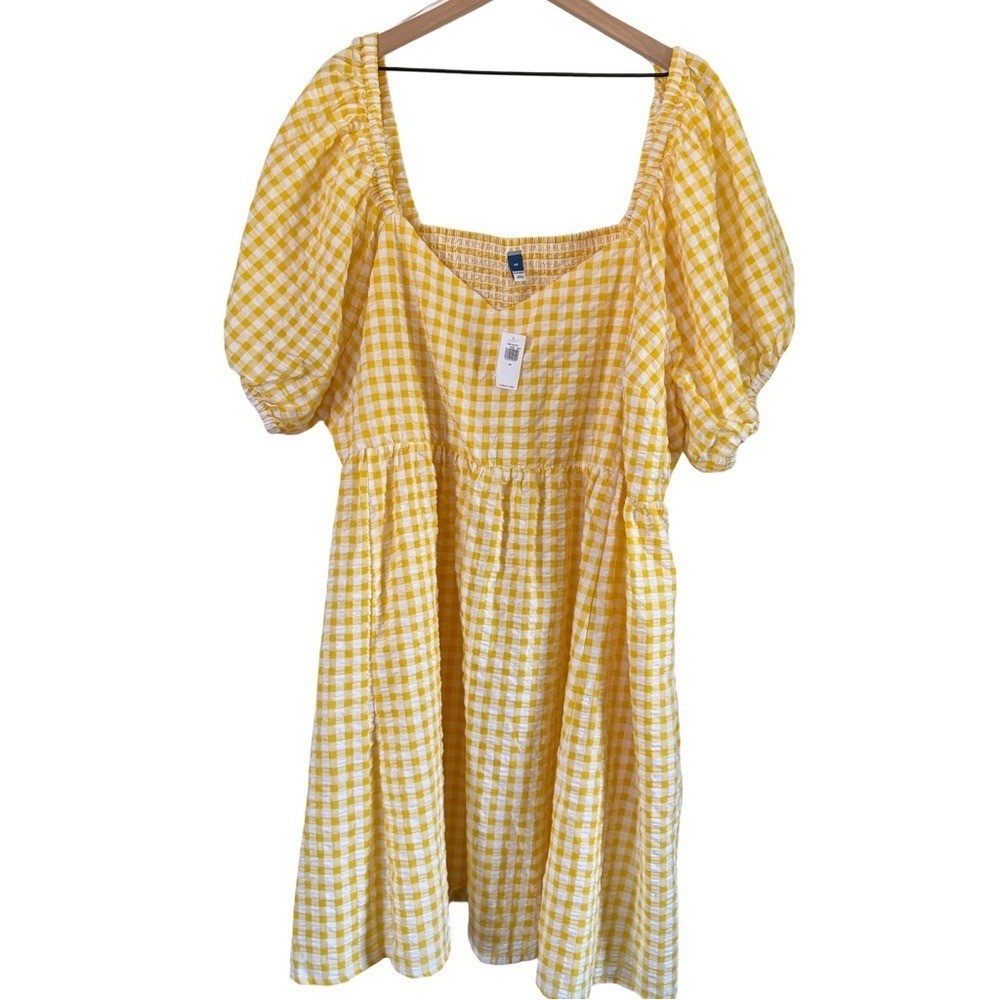 NWT Old Navy Yellow Gingham Smocked Puff Sleeve Dress 4X