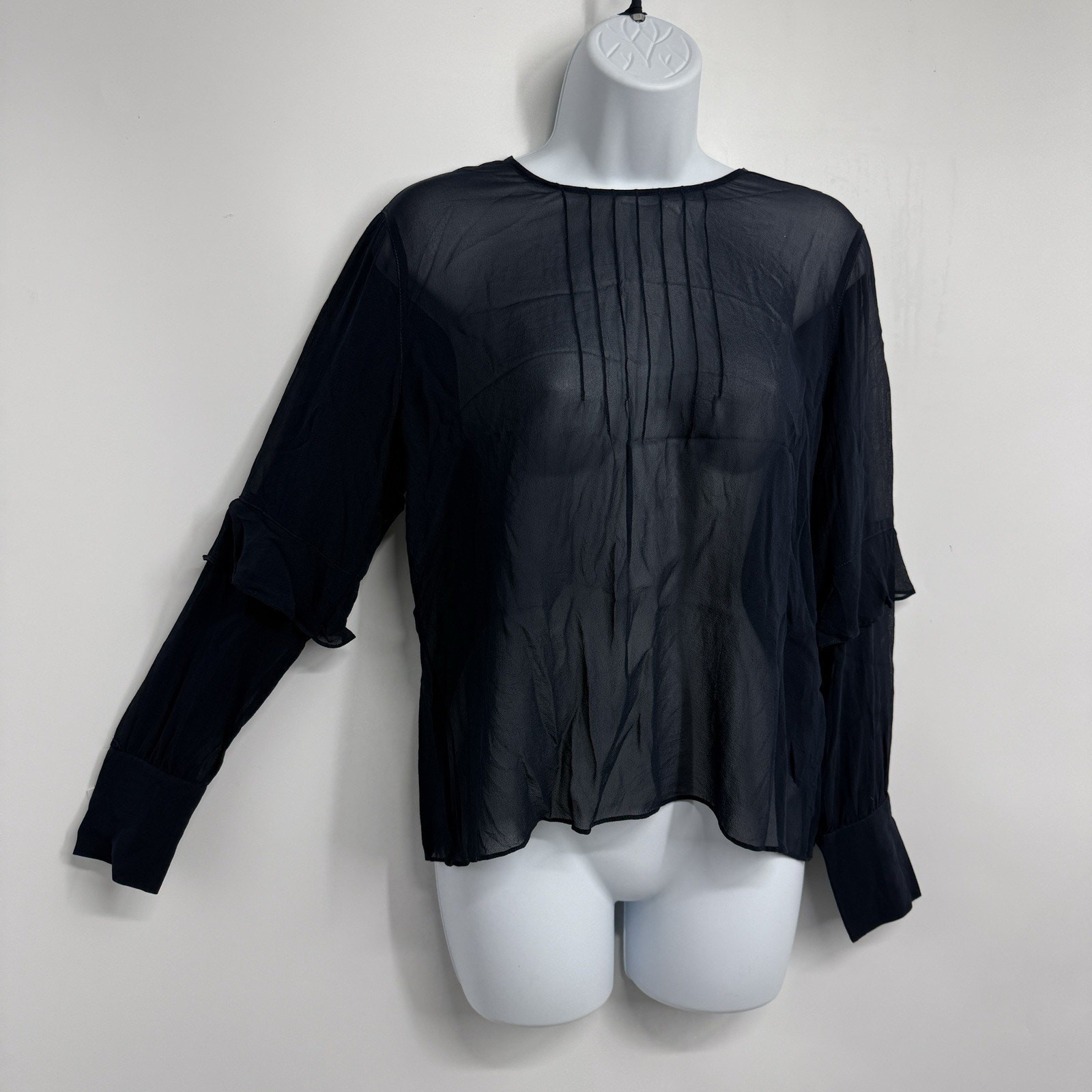 Club Monaco Silk Sheer Blouse Large Navy Pintuck Pleat Ruffle Sleeve Minimalist