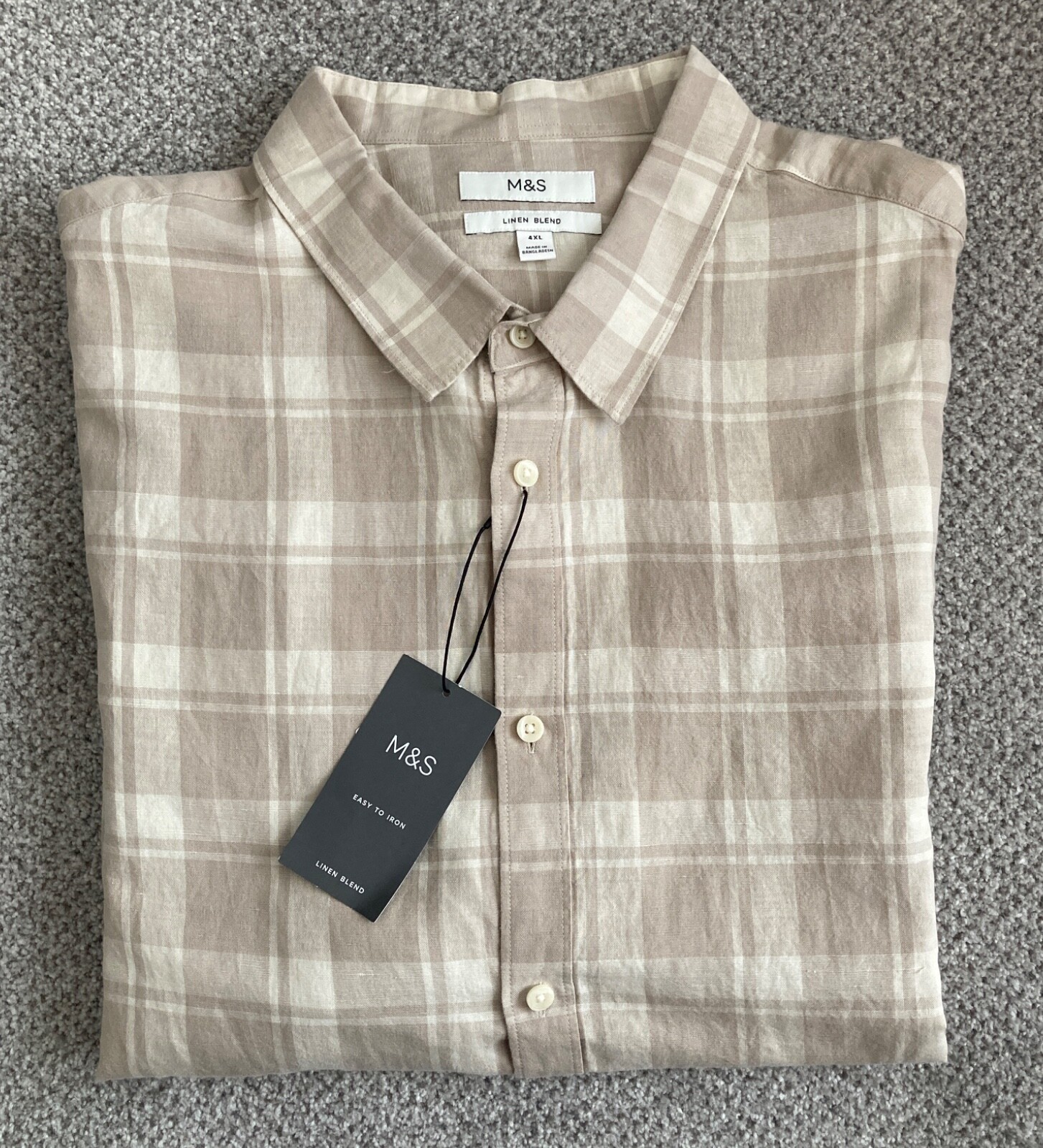 NEW M&S Mens Natural Mix Easy Iron Cotton Linen Blend Check Shirt Size 4XL
