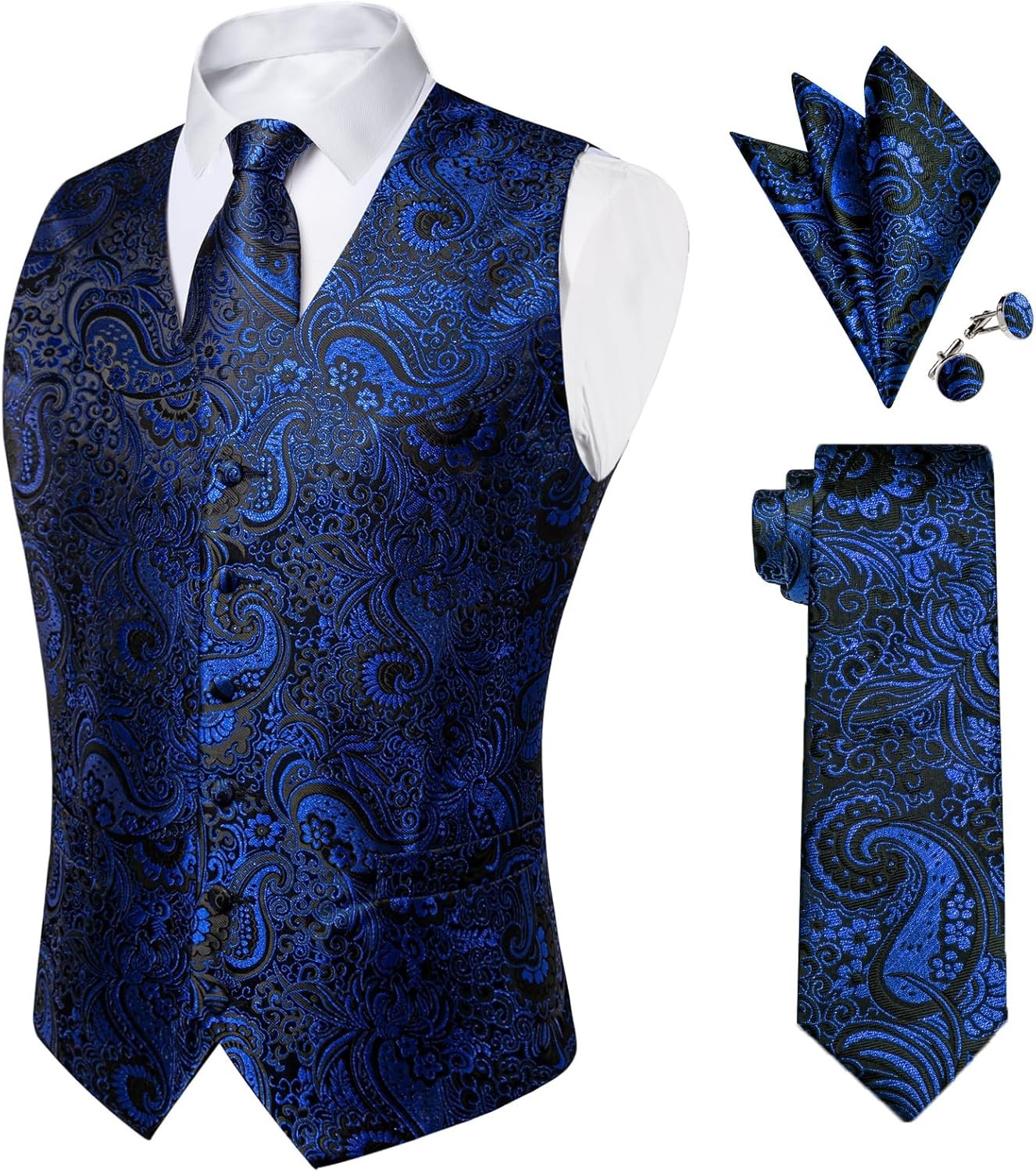 Mens Paisley Silk Vest Tie Pocket Square Cufflinks Set for Wedding Party Formal