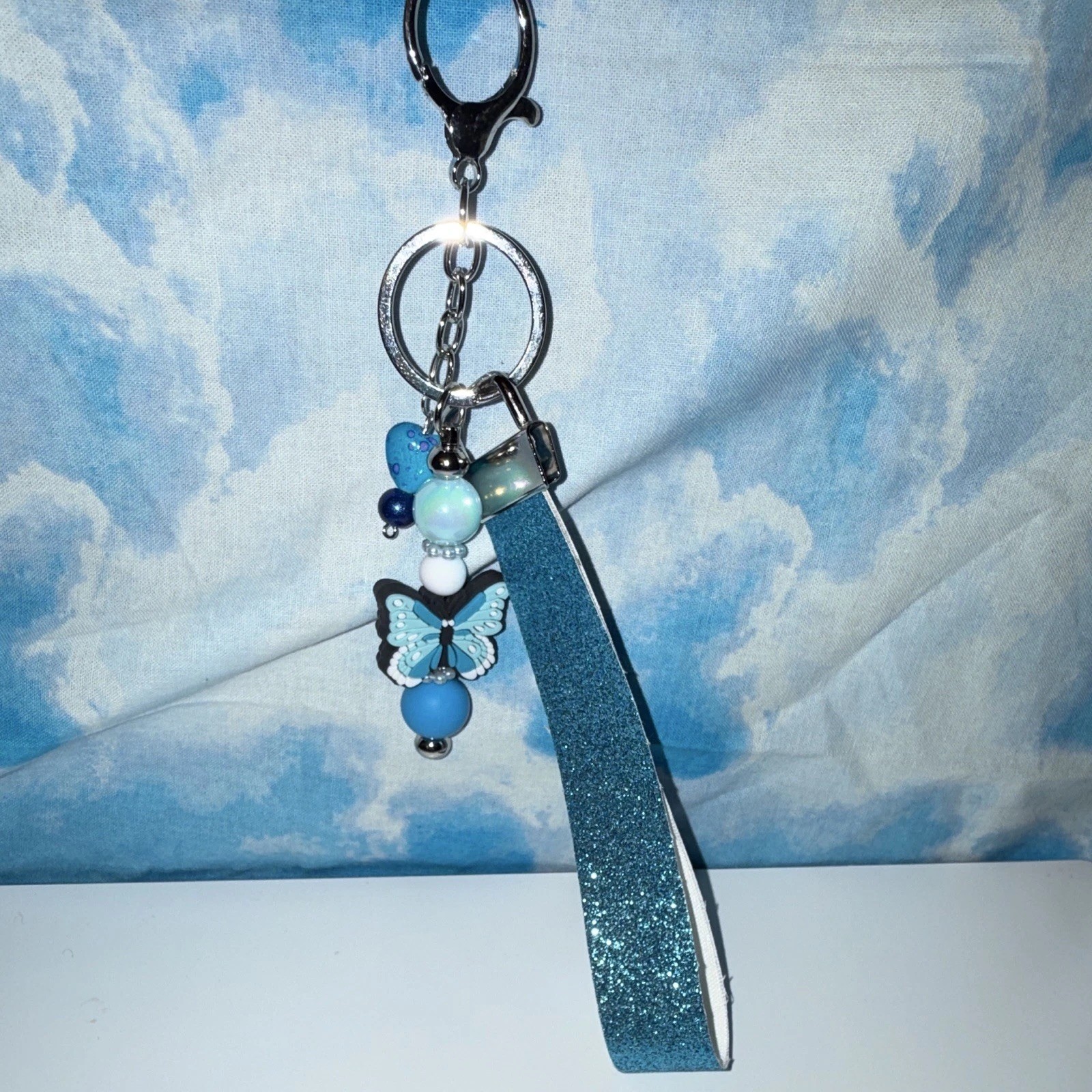 Blue Glitter Wristlet Strap Key Chain/Bag Charm w/Butterfly Heart Beads