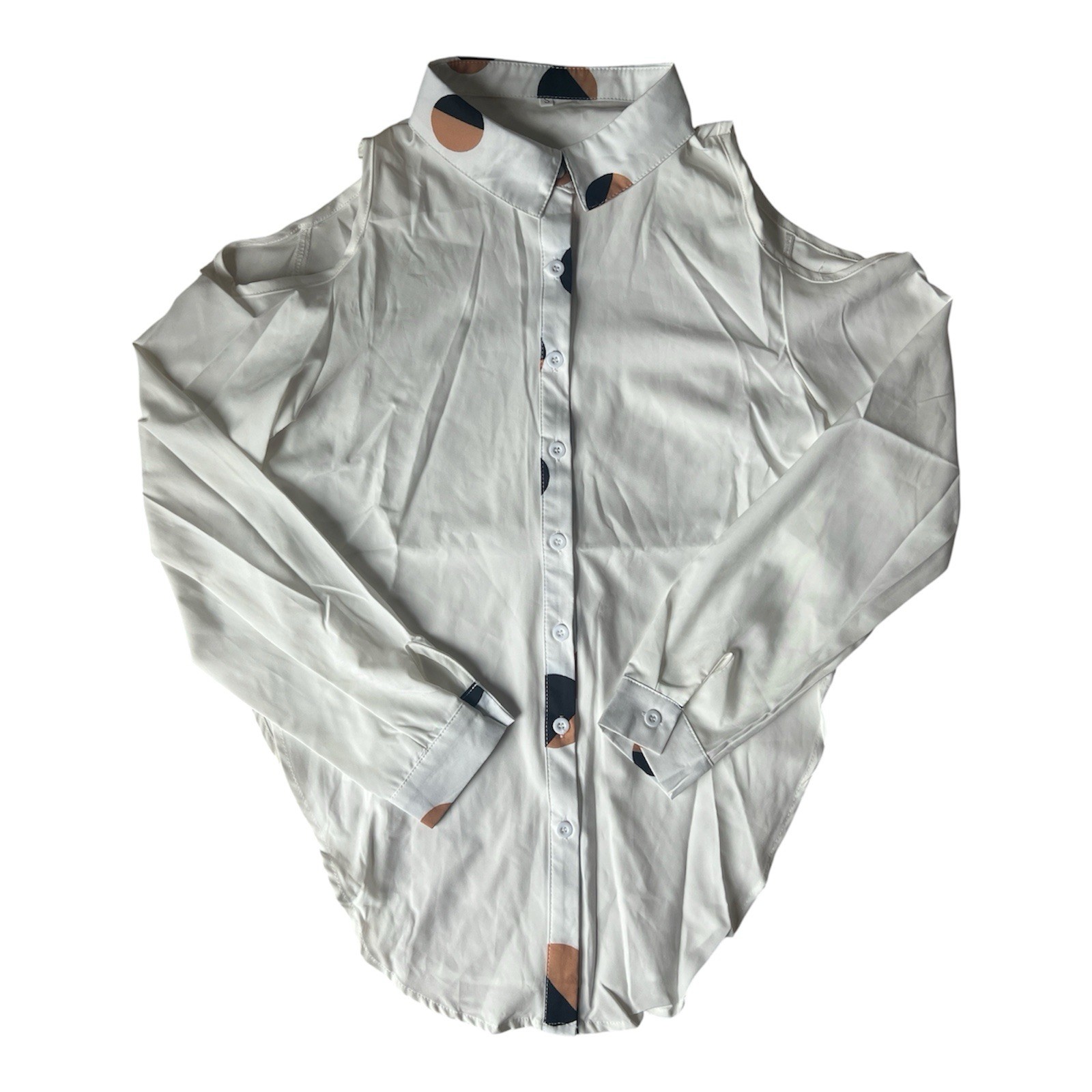NWOT White Cold Shoulder Blouse Geometric Placket Button Down Shirt Women Size S