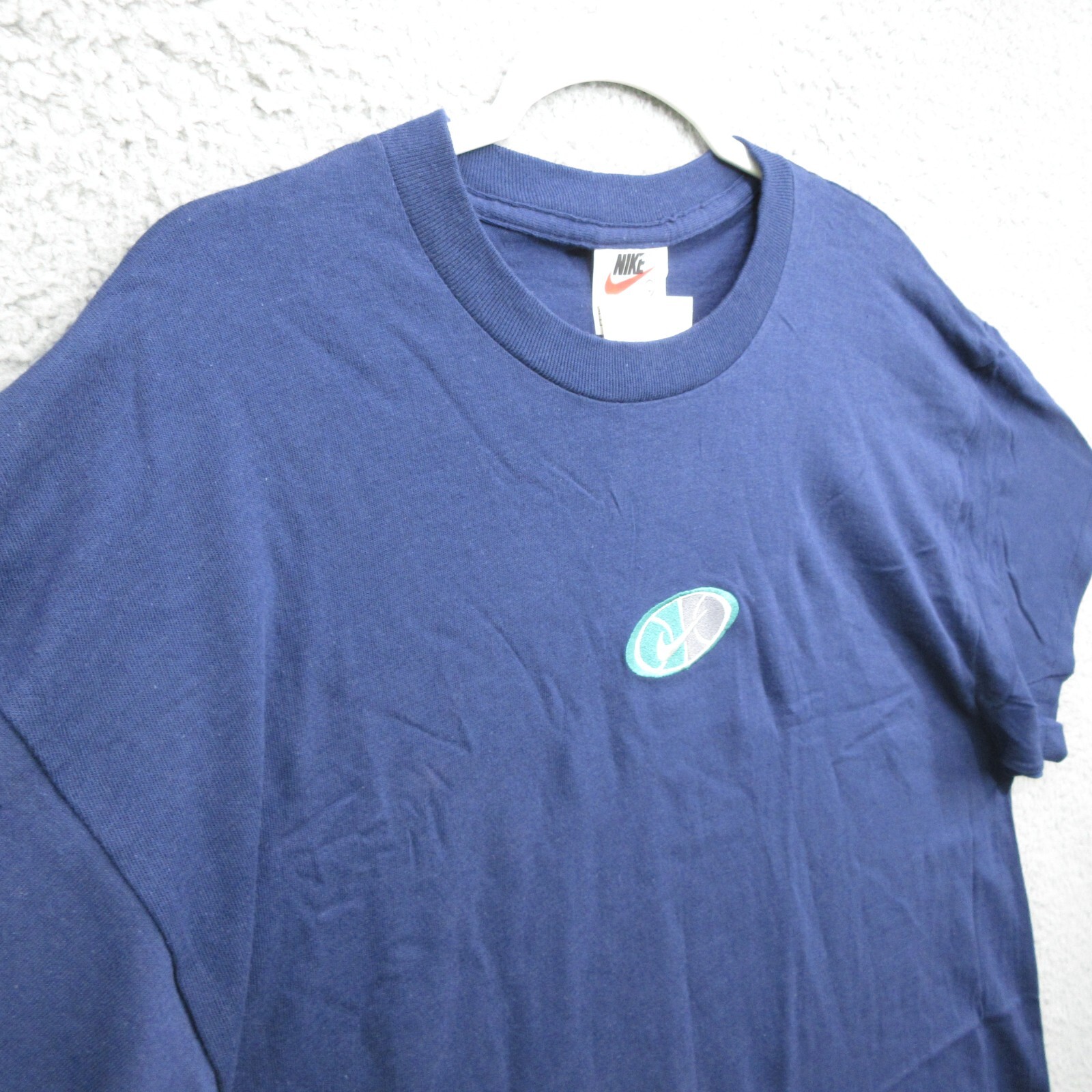 Nike Vintage Embroidered Center Swoosh Short Sleeve Shirt Mens L Blue 90’s #