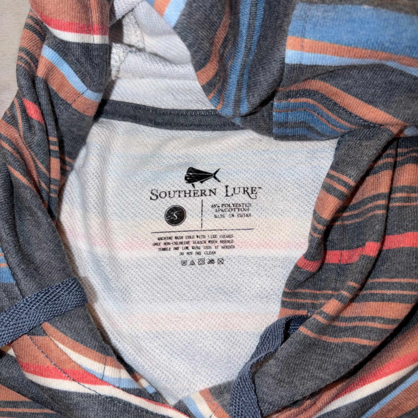 Southern Lure Mens Striped Hoodie Small Charcoal Grey Orange Blue Pullover