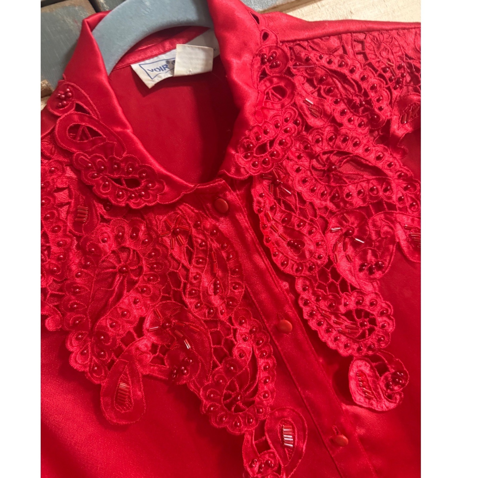 Voir Paris New York Red Satin Beaded Lace Blouse Vintage M Victorian Coquette