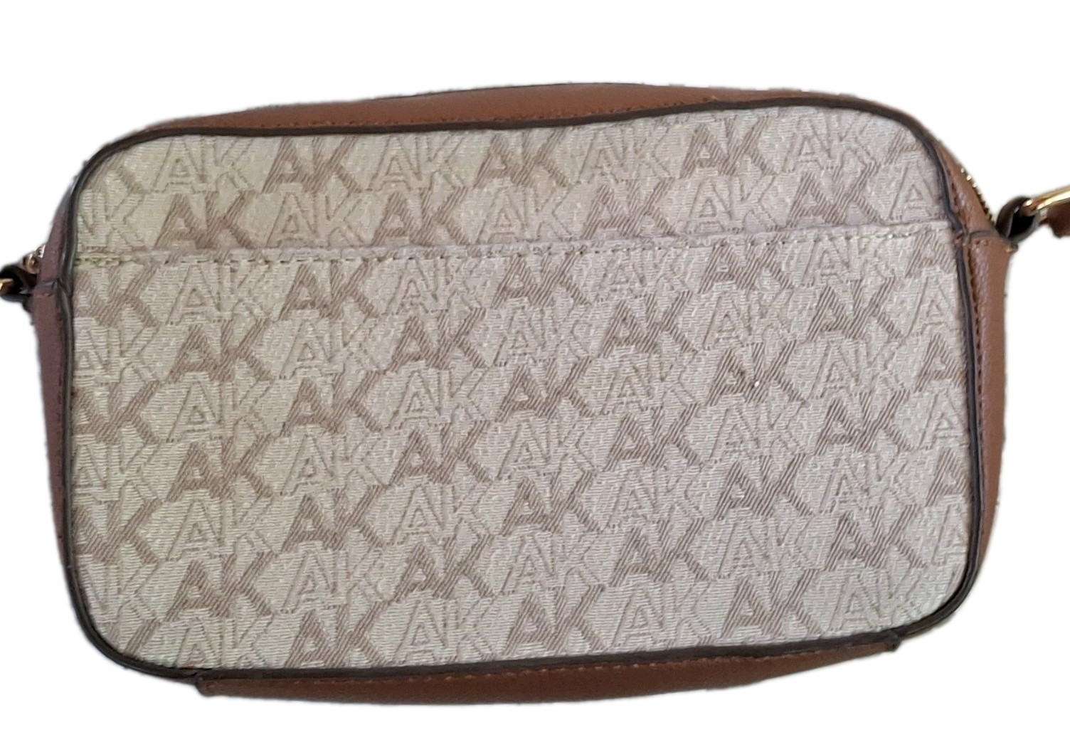 Anne Klein Logo Zip Crossbody Bag Beige/Brown Adjustable Strap Inner Pockets