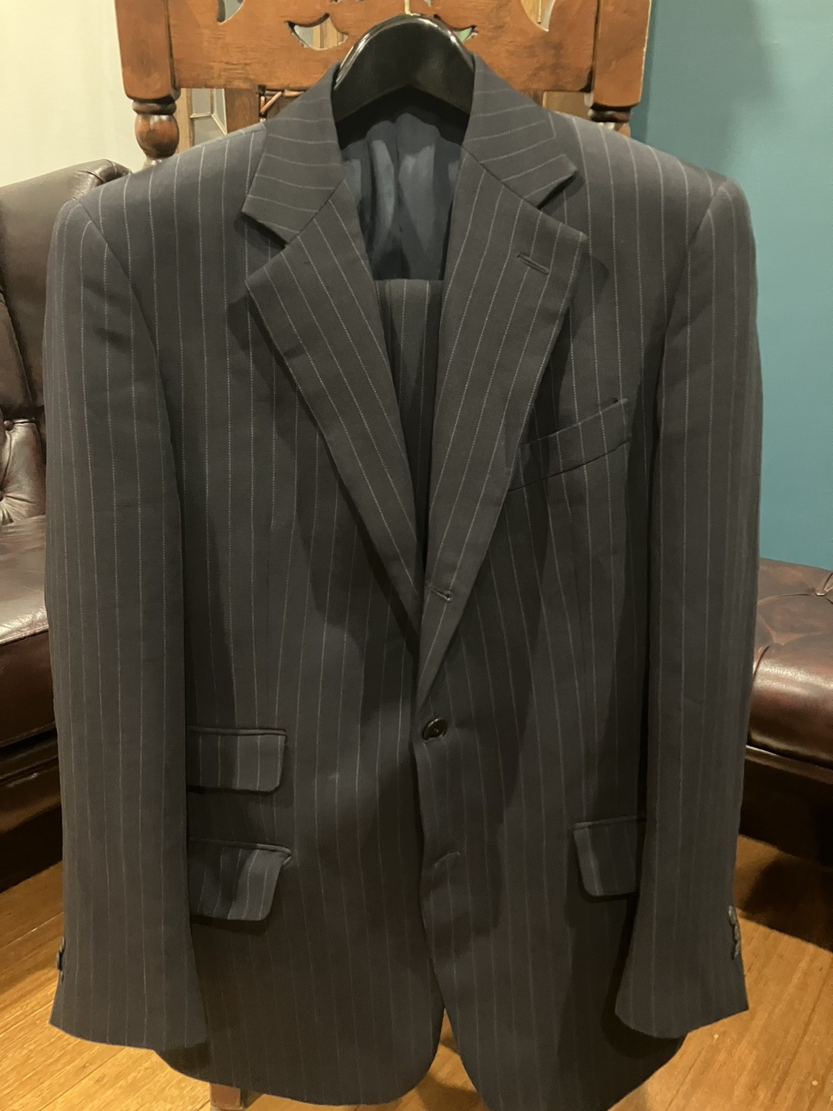 Giorgio Armani Vintage Collezioni Men Navy Blue Pinstripe 2 Pcs Suit 48R 90s