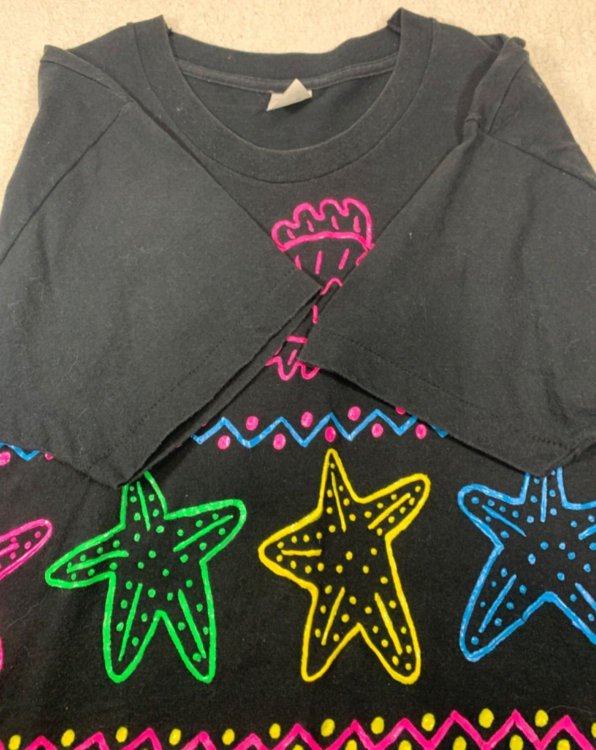 WOMENS XL T-SHIRT VINTAGE FISH/STARFISH/SHELLS BEACH THEMED HAND PAINTED ART