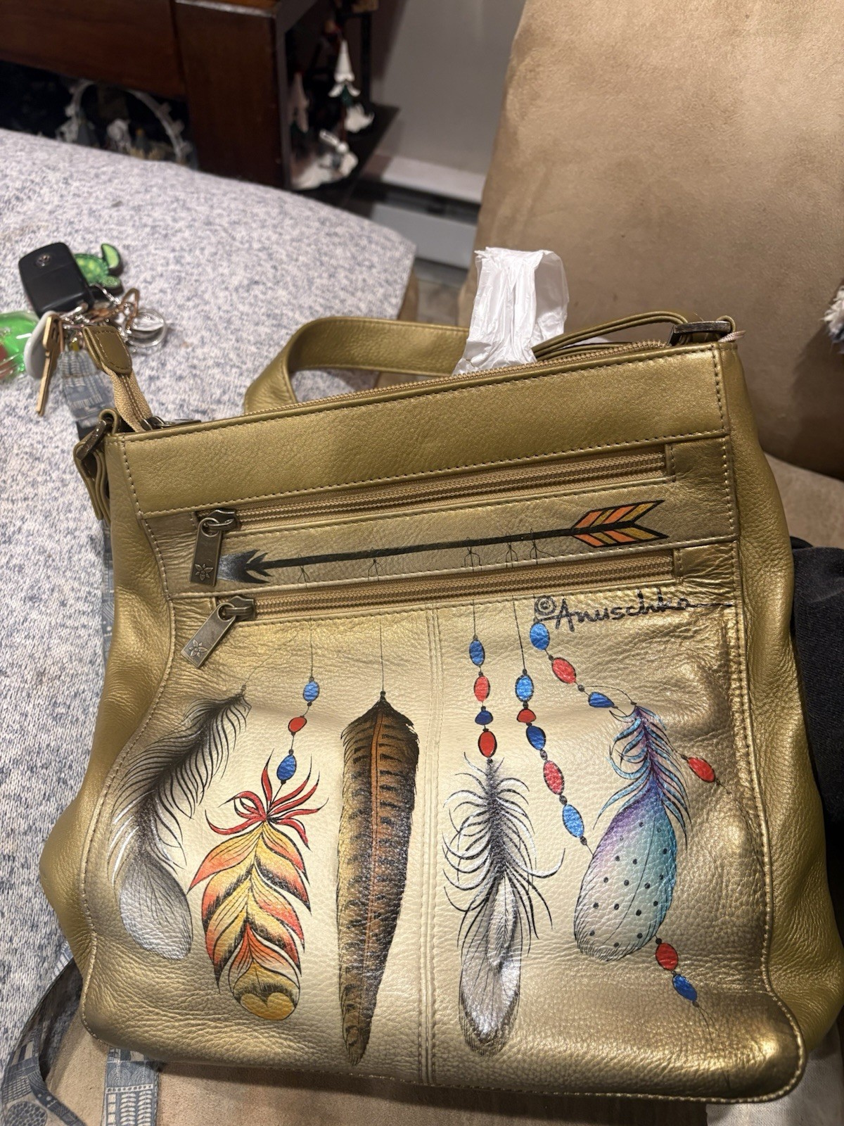 Anuschka Painted Gold Animal Shoulder Bag Zip Closure Inner Pockets Dust Bag
