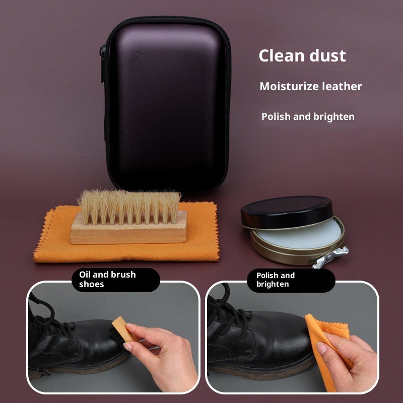 4PCS Leather Shoe Care Travel Kit Shoe Polish Wax Brush Cloth Cleaner Travel Set